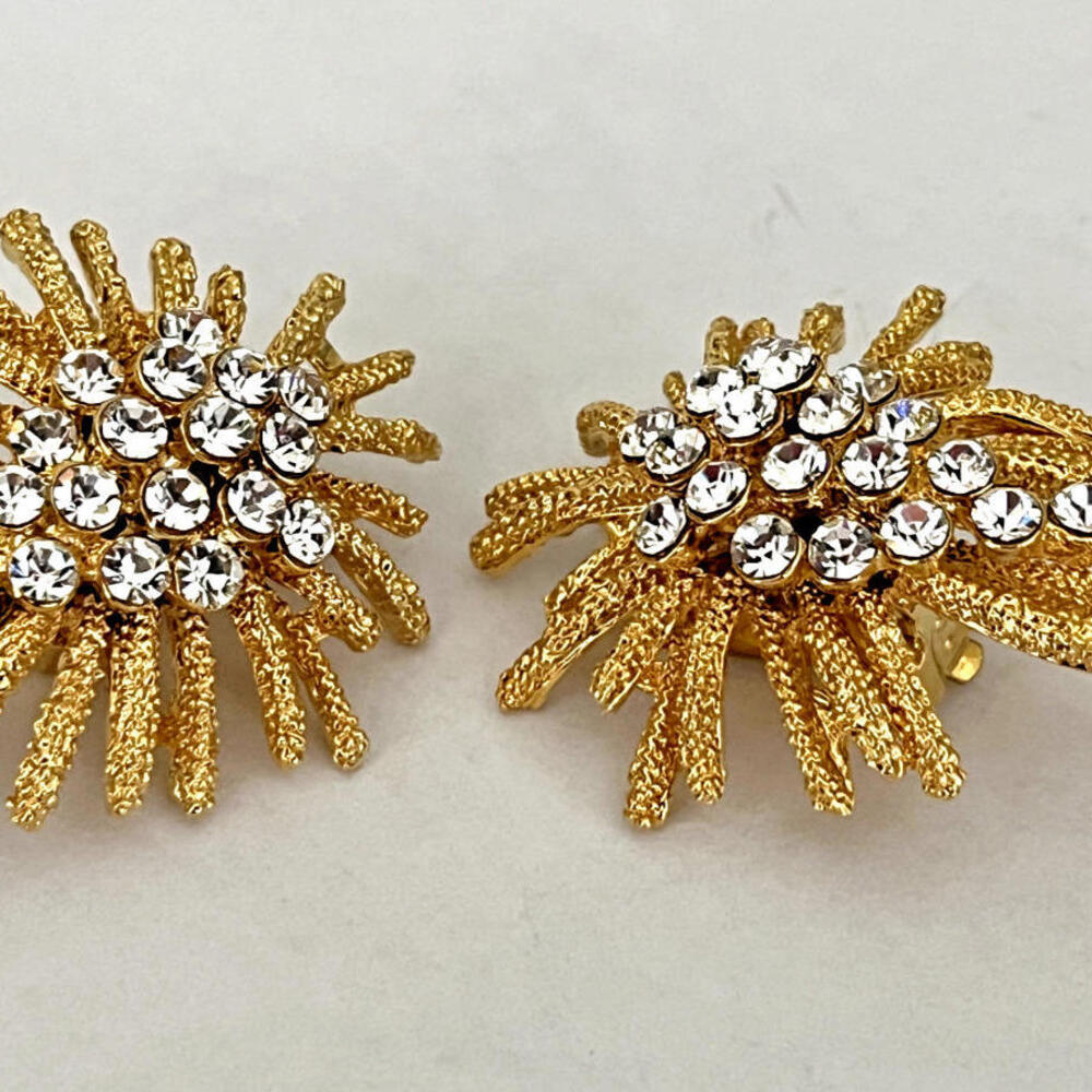 Heavy Gold tone Glamour Earrings with Round Rhinestones